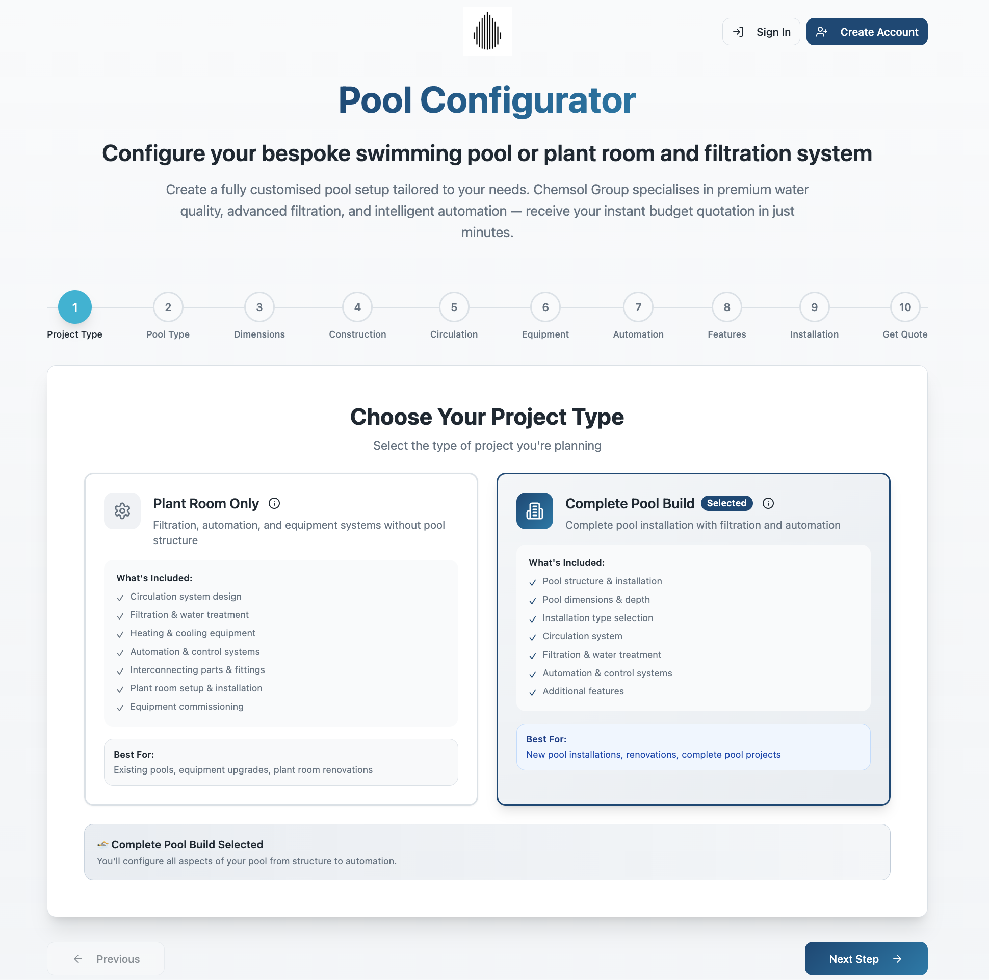 Pool Configurator Start Screen